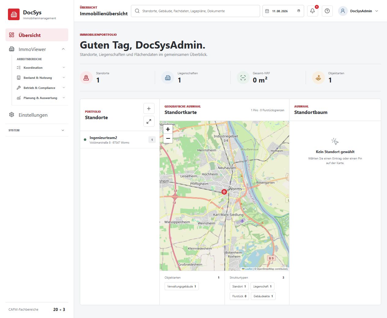 DocSys Standortübersicht mit Karte und Strukturbaum